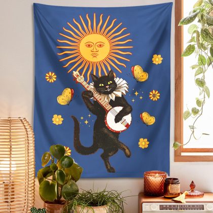 Party Cat Butterfly Sun Tapestry Wall Hanging